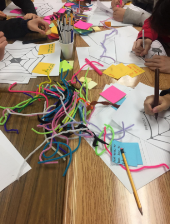 Colourful sticky notes,  pipe cleaners, and various writing implements strewn across a group of school desks pushed together. Several unidentifiable teens sit around desks writing on sticky notes and placing them on large pieces of paper.